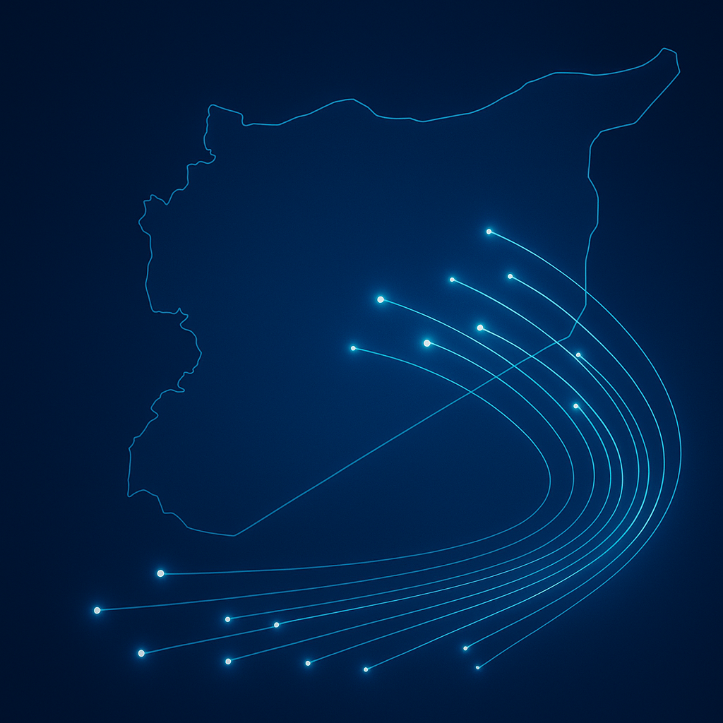 A digital outline of Syria surrounded by curved flow lines, representing movement or connections, set against a dark background.